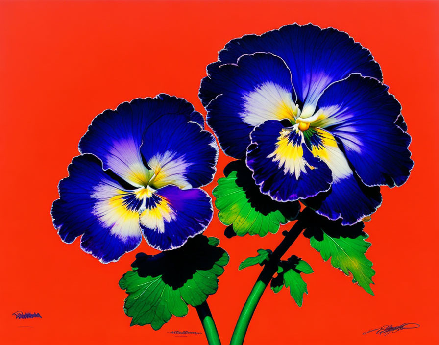 Vibrant blue and purple pansies on vivid red background