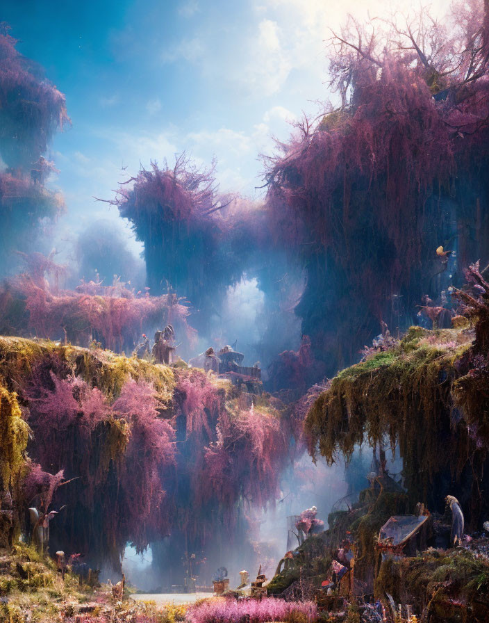 Magical landscape with pink foliage, fantastical structures, tranquil pond, and ethereal mist