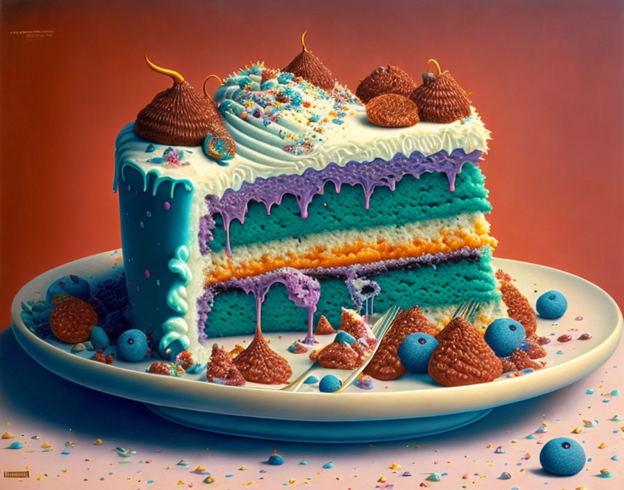 Colorful Blue Cake with Purple and White Icing and Candy Toppings