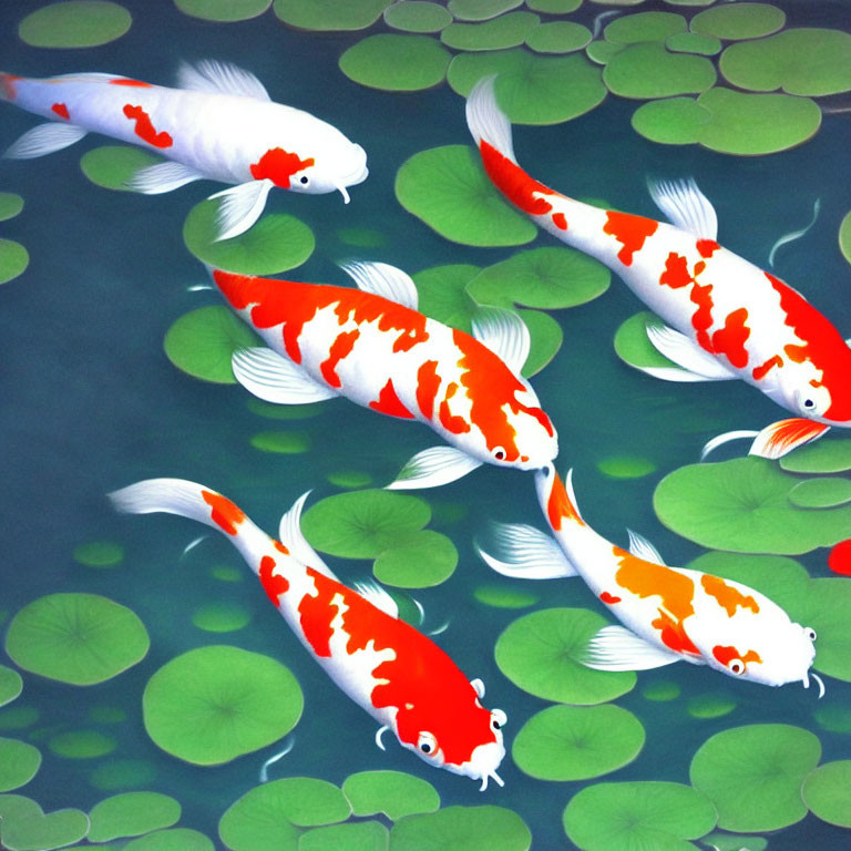 Colorful Koi Fish and Lily Pads in Tranquil Pond