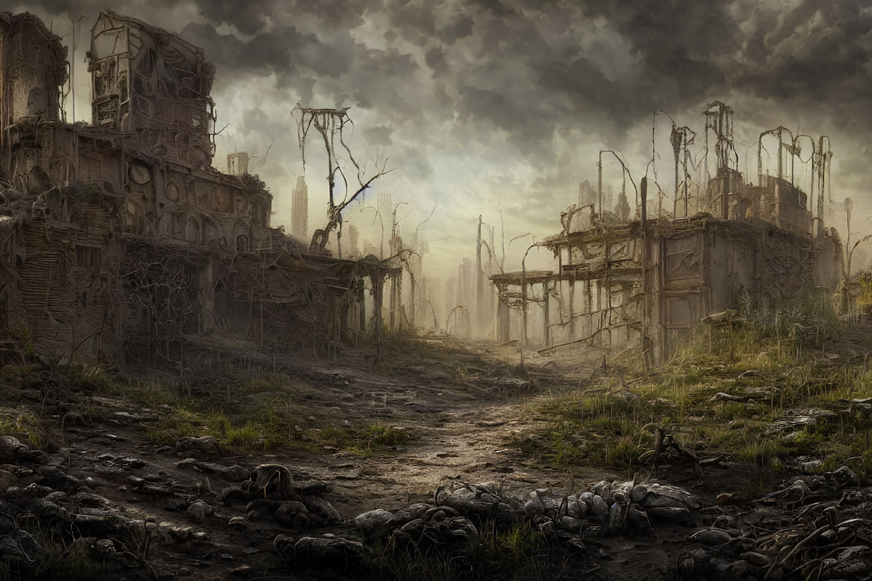 Desolate post-apocalyptic landscape with crumbling buildings and ominous sky