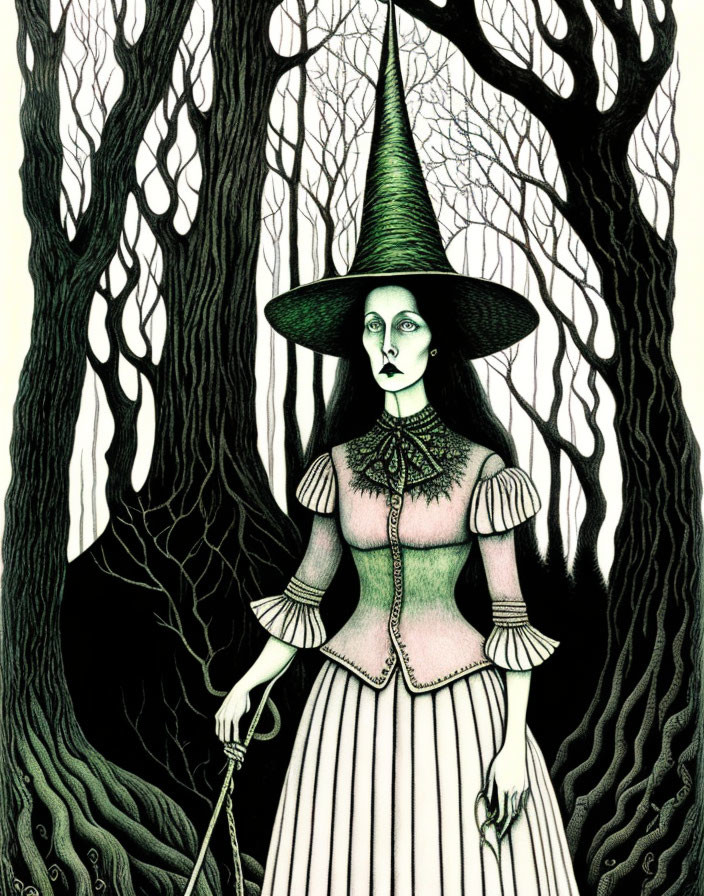 Illustration of witch in green hat and Victorian dress among leafless trees