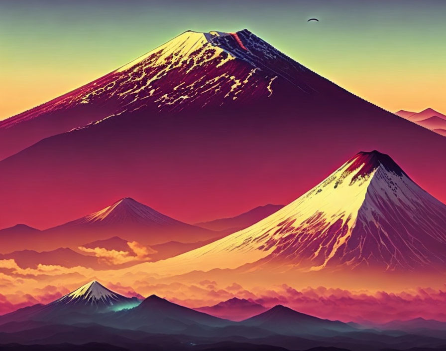 Vibrant digital art: Colorful mountain range with snow-capped peaks and a flying bird