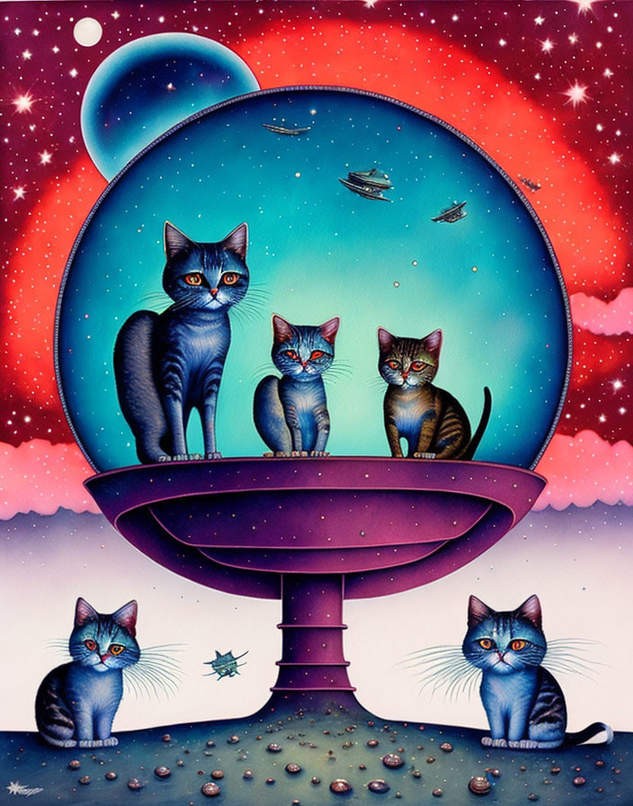 Vibrant cosmic cats on celestial observation deck with planets and stars