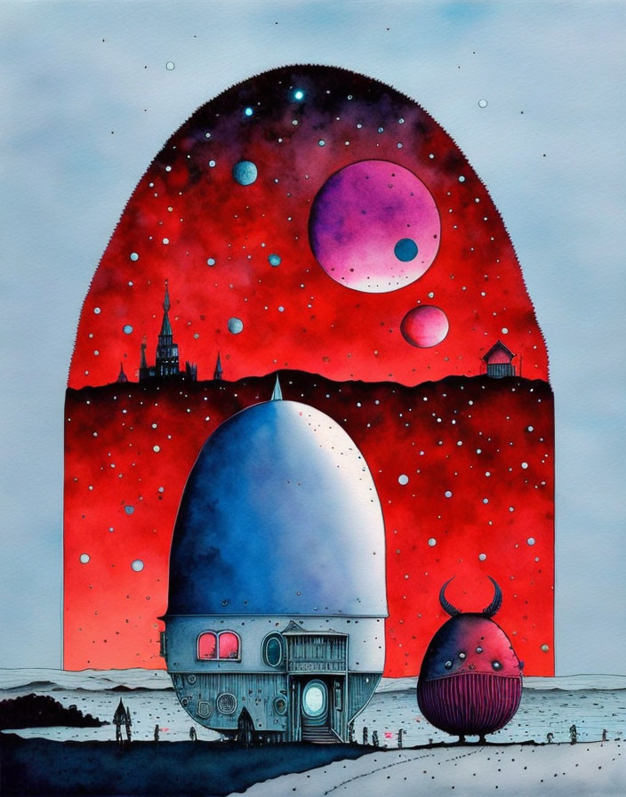 Whimsical watercolor illustration of cosmic landscape with rocket, planets, castle, stars on red backdrop