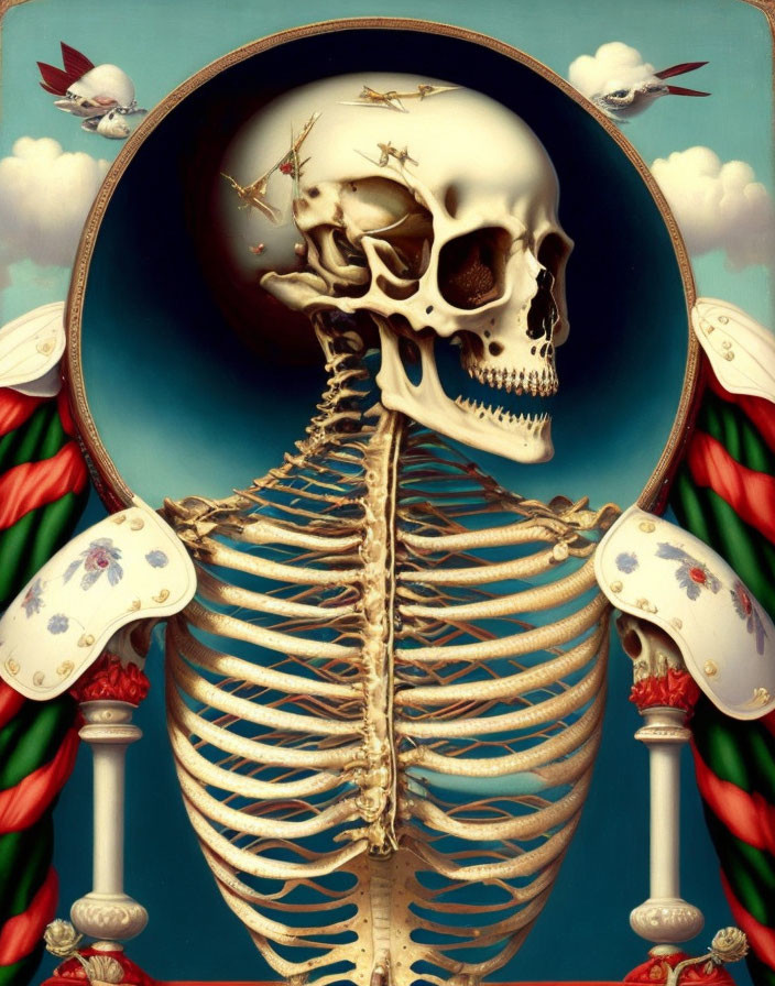 Human skeleton with large skull and birds surrounded by red and green curtains