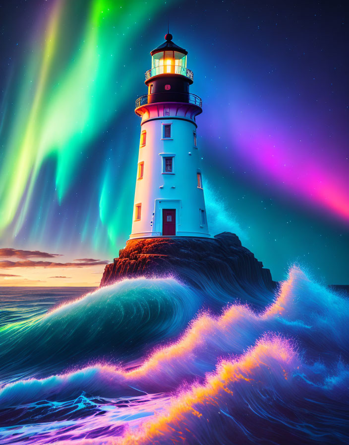 Vibrant lighthouse on rocky cliff with neon waves and aurora borealis