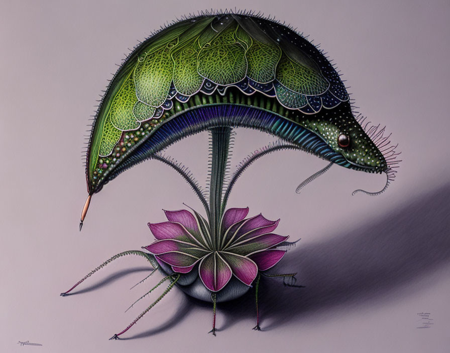 Fantastical creature with plant and insect traits: large green carapace, pink flower, slender