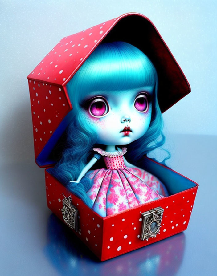 Surreal doll with blue hair and pink eyes in polka-dotted box