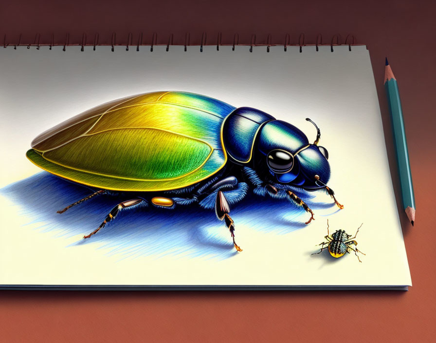 Realistic large colorful beetle drawing with pencil and smaller beetle on sketchpad