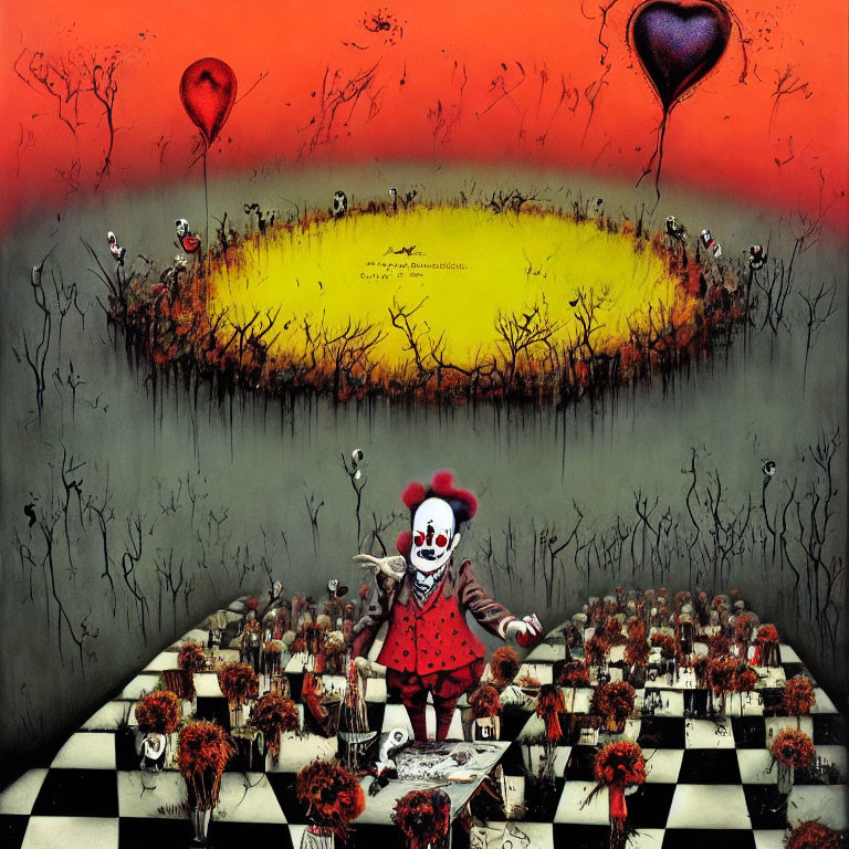 Surreal clown art on checkered floor with flowers, skulls, yellow field, balloons