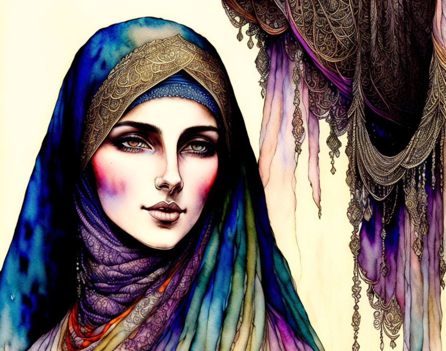 Vibrant Watercolor Illustration of Woman with Intricate Headscarf