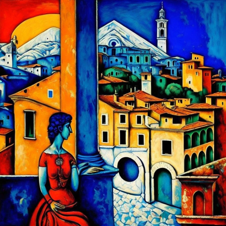 Colorful Cubist-style Painting of Seated Woman in Red overlooking Townscape