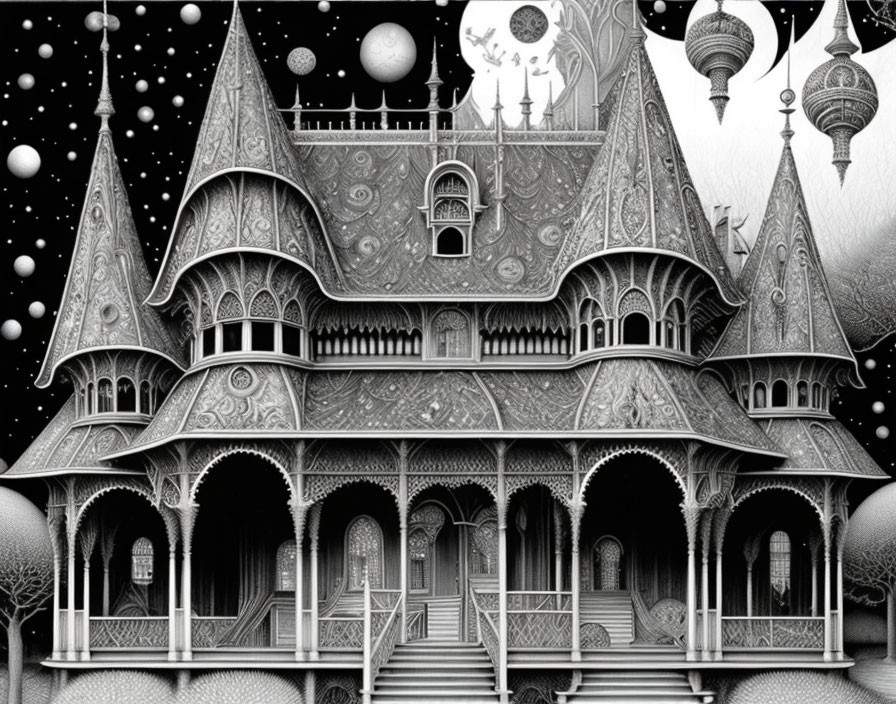 Detailed monochrome fantasy mansion illustration with turrets and balconies.