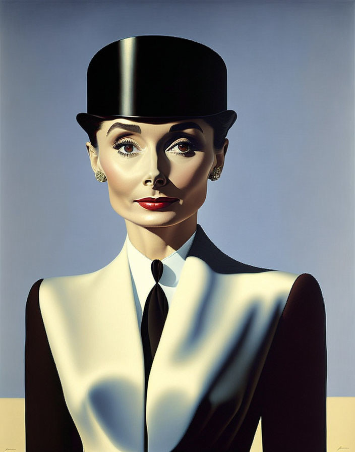 Hyperrealistic Painting of Woman in Black Top Hat and Suit Against Blue Background