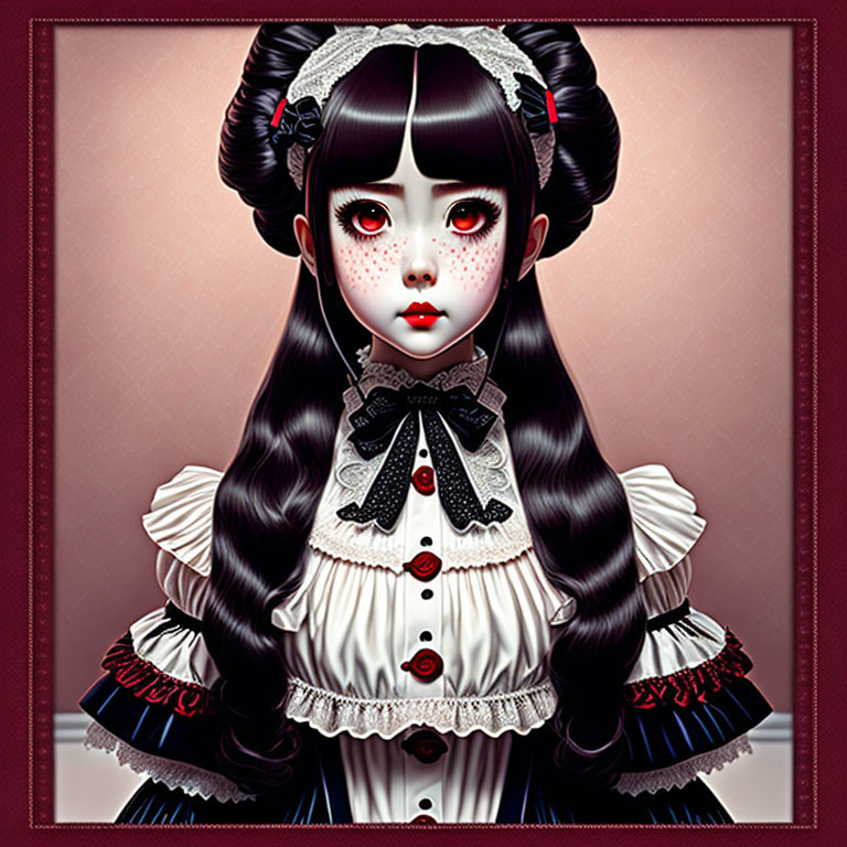 Detailed illustration of doll-like character with big red eyes, long black hair, white/navy frilled