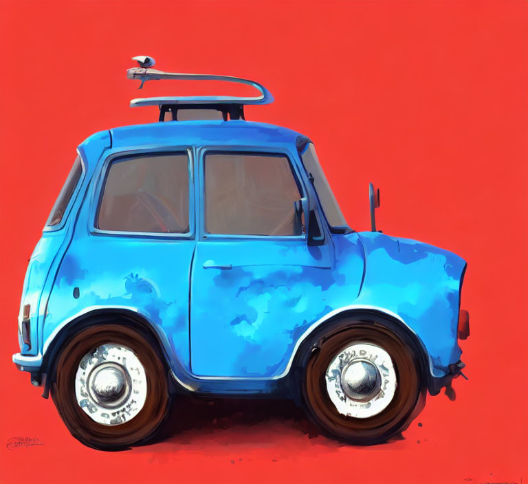 Blue Mini Car with Surfboard on Vibrant Red Background