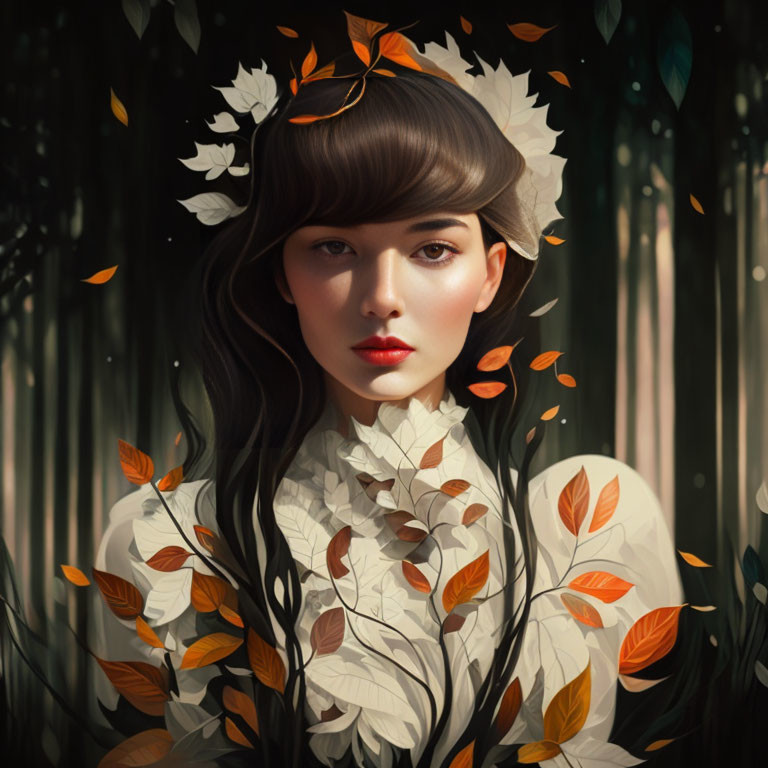 Digital illustration of woman with dark hair in white and orange foliage forest