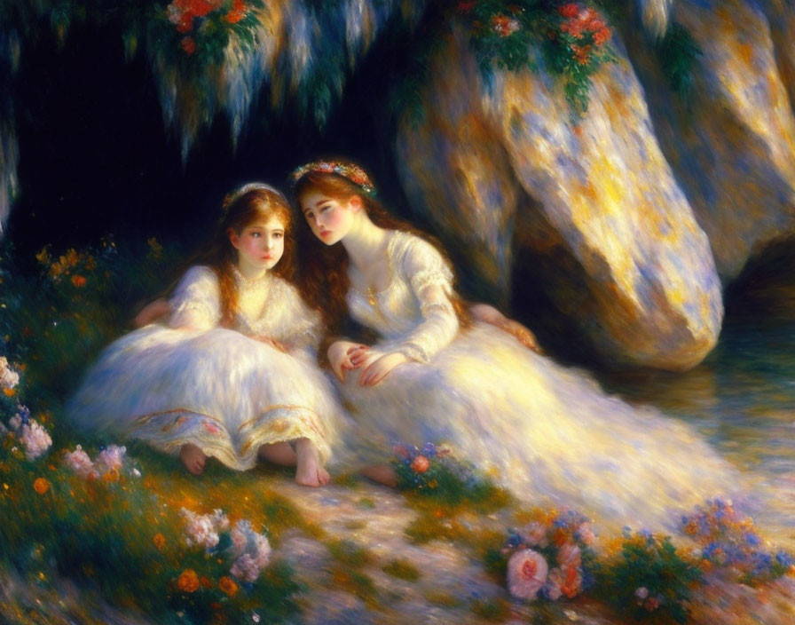 Two girls in white dresses by rocky alcove with wildflowers and soft lighting