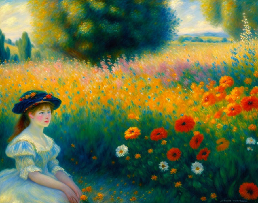 Impressionist-style painting of woman in blue hat in colorful field