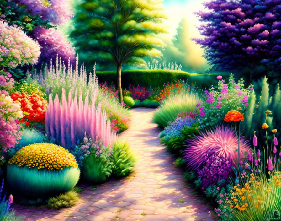 Lush garden path with colorful flowers and green trees