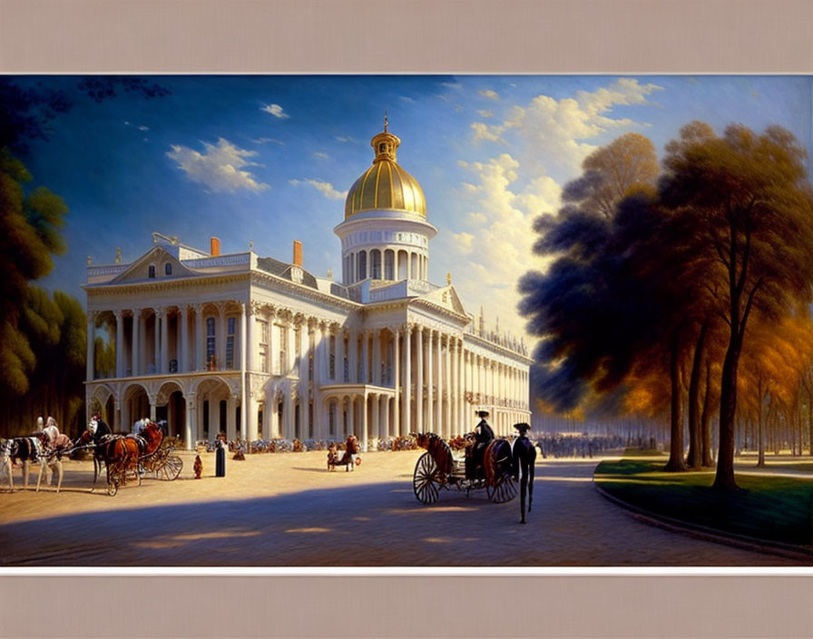 Opulent white building with golden dome in classic painting