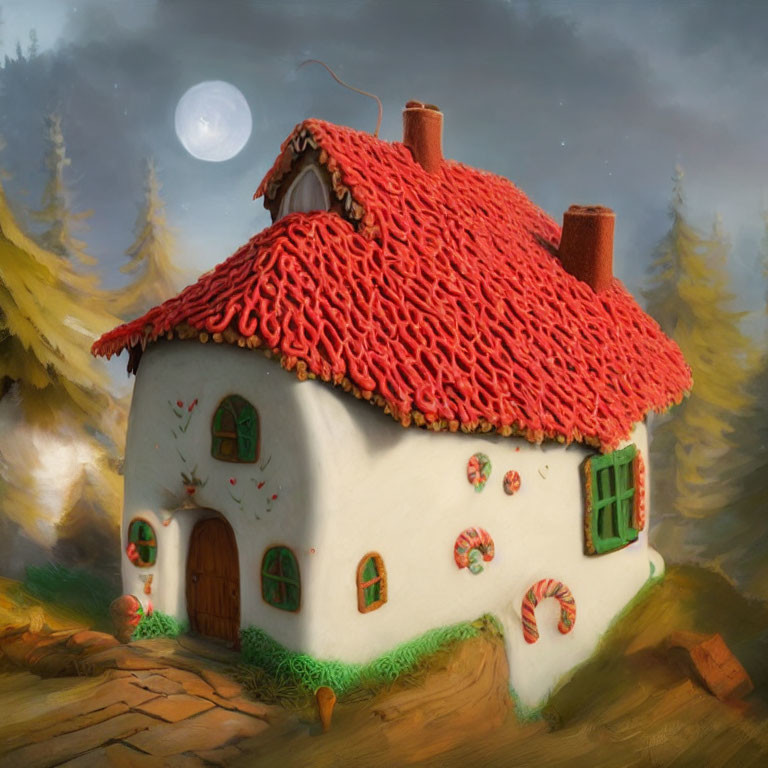 Whimsical house with red curly fries roof in enchanting forest