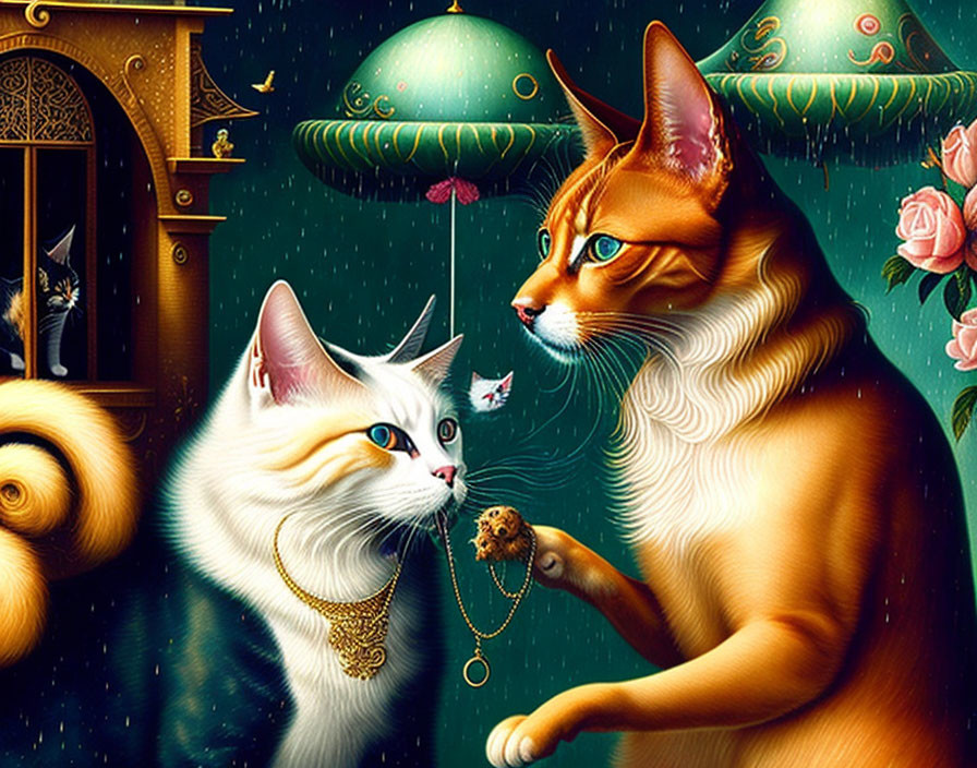 Stylized cats with human-like eyes in ornate setting with lanterns, roses, and fish