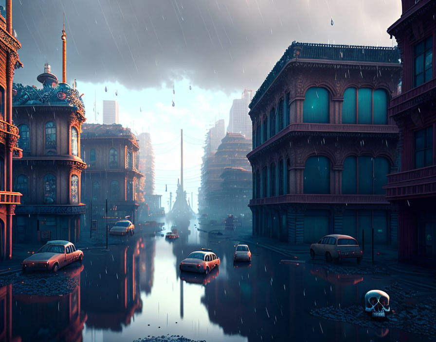 Futuristic rainy cityscape with classical architecture and modern vehicles