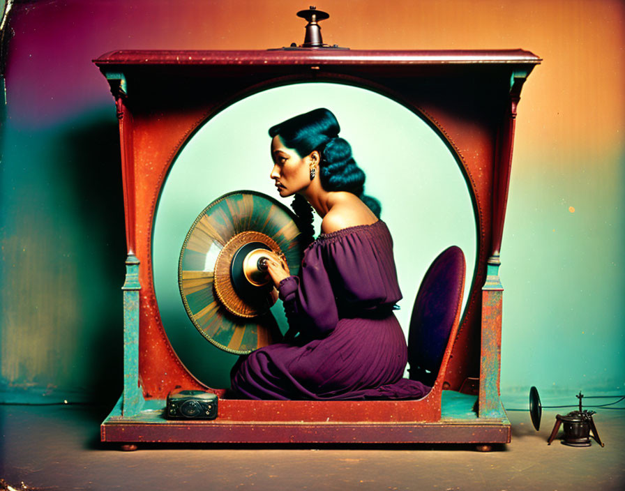 Woman in Purple Dress Posed Inside Vintage Phonograph