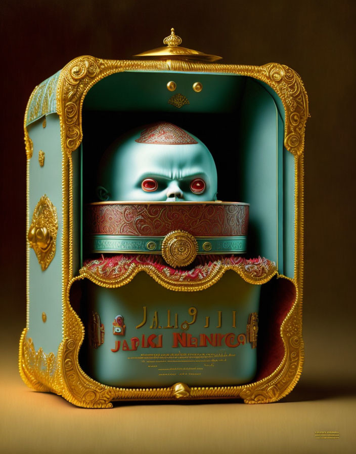 Surreal art: Blue wide-eyed creature in gold-trimmed box with Cyrillic script