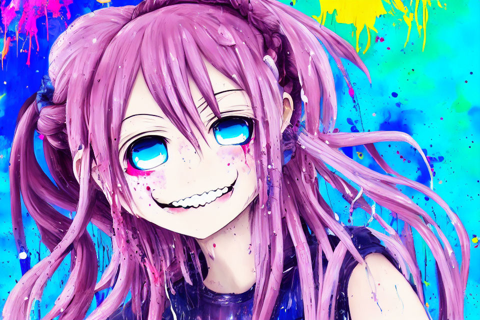 Colorful Anime-Style Illustration: Girl with Purple Pigtails on Blue and Yellow Background