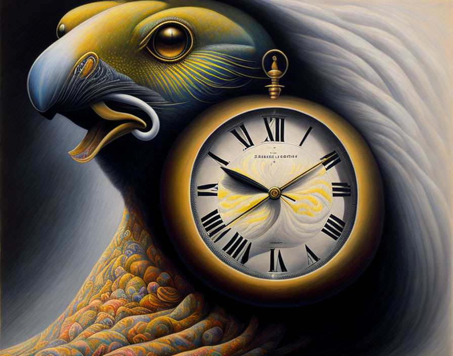 Surreal artwork: Eagle with clock face in body