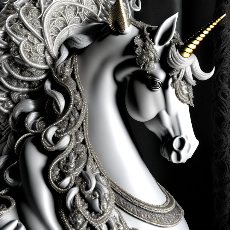 Detailed white unicorn with spiraled horn and silver & gold embellishments on black.