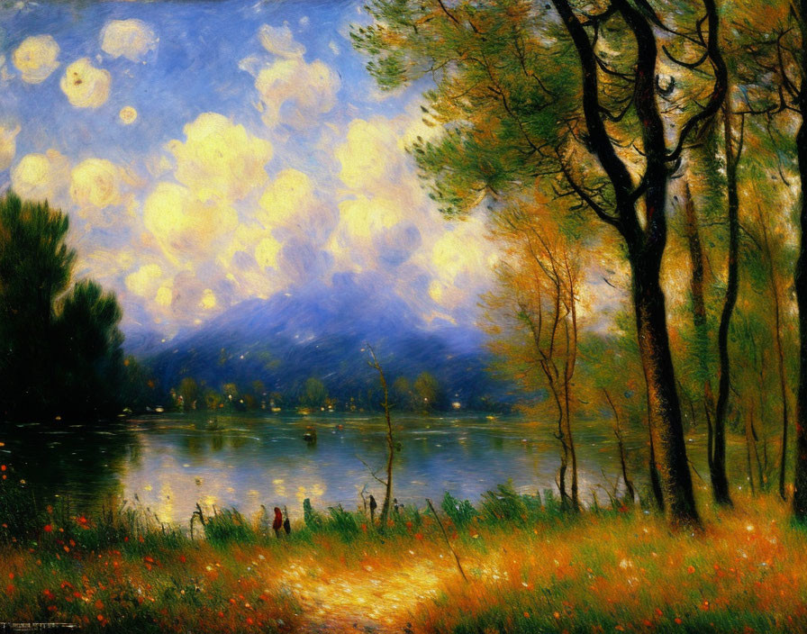 Tranquil lakeside scene with towering trees and mountain backdrop