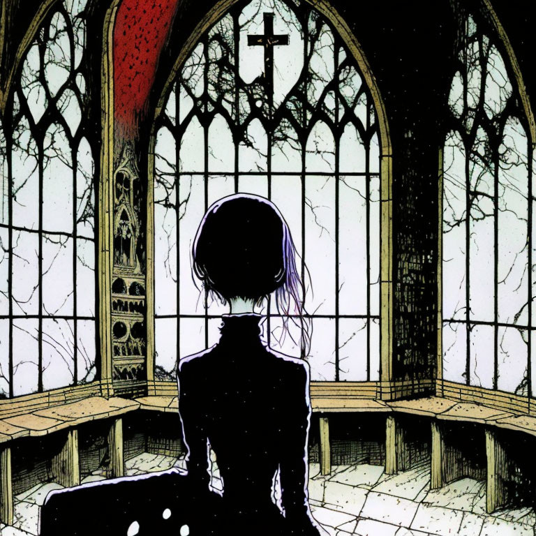 Illustration of person in gothic room with cross and bare trees.