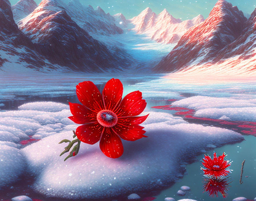 Vivid red flower in snowy landscape with icy rivers and pink-hued mountains