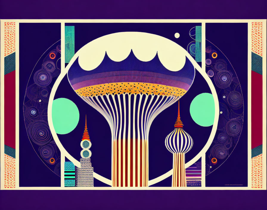 Abstract colorful artwork with geometric shapes and retro-futuristic style.