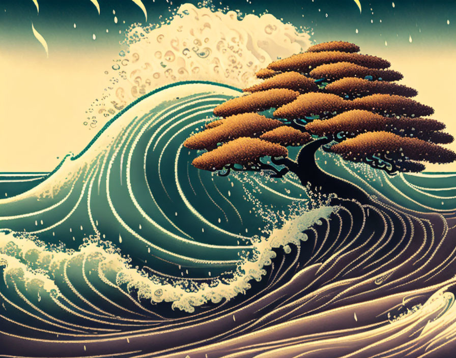 Stylized image of powerful wave with intricate patterns and serene tree