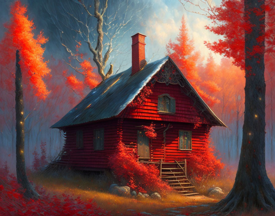 Red house surrounded by autumn trees in whimsical glow