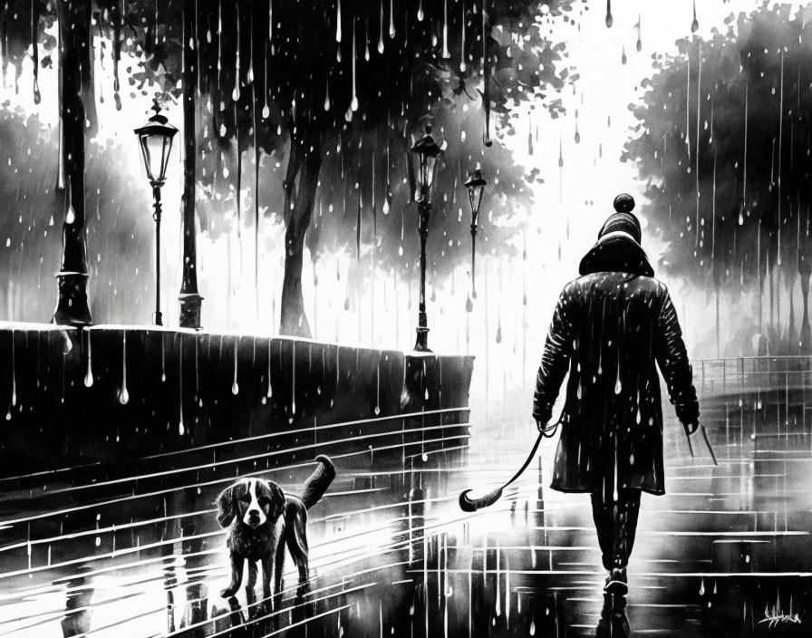 Monochromatic artwork of person with umbrella and dog in rain