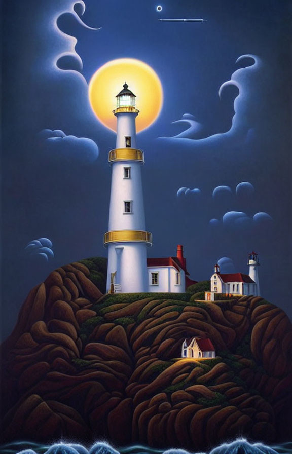 Surreal painting of lighthouse on brain-shaped cliffs under night sky