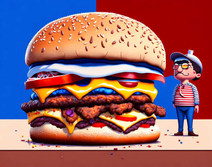 Colorful Illustration: Person with Giant Cheeseburger