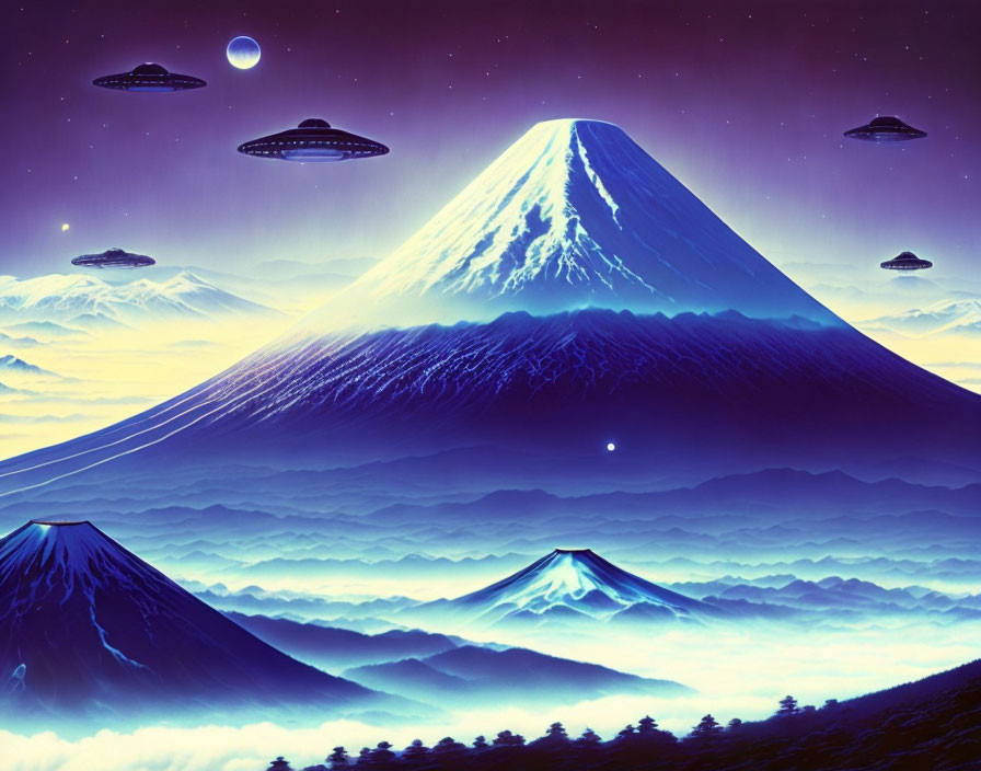 Snow-capped mountain and UFOs in surreal landscape