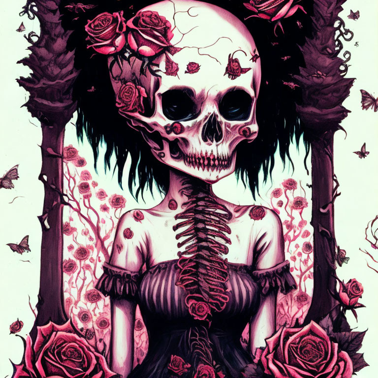 Skeletal figure with black hair, roses, butterflies, dress, and headpiece.