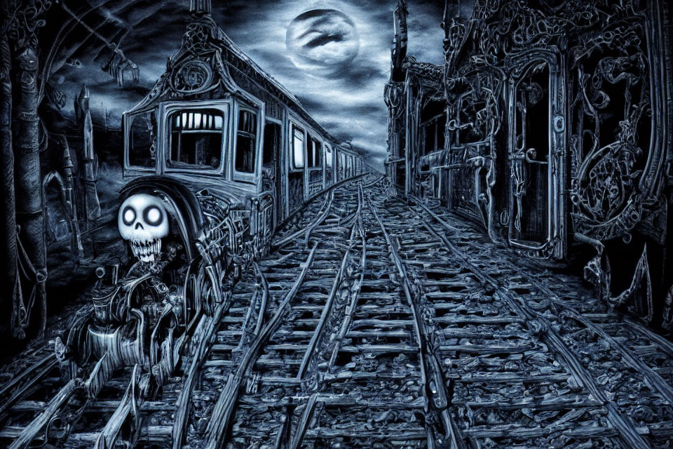 Monochrome eerie skeleton with cartoonish skull near train track and gothic archway under full moon