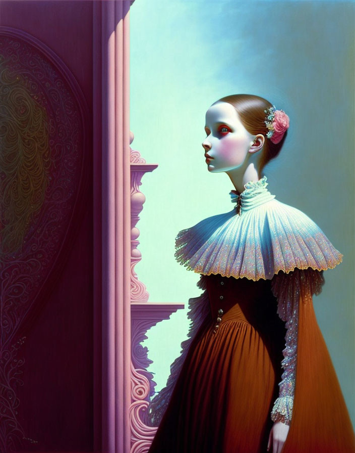 Exaggerated neck surreal woman in Victorian dress beside ornate door