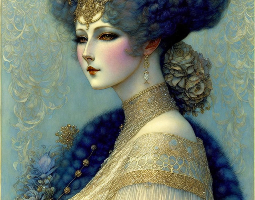 Pale-skinned woman in gold mask and ornate attire on blue background