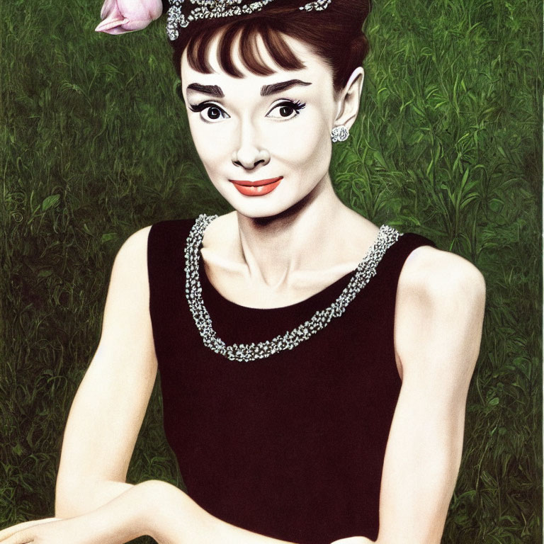 Color illustration of woman with updo hairstyle and pink flower, wearing black dress on green backdrop