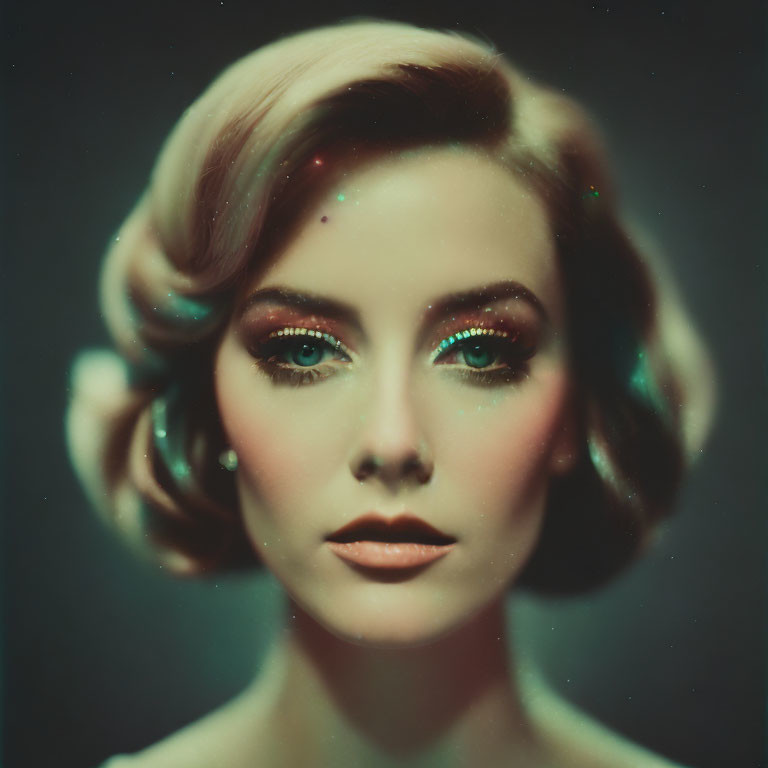 Stylized portrait of a woman with vintage hair and striking makeup